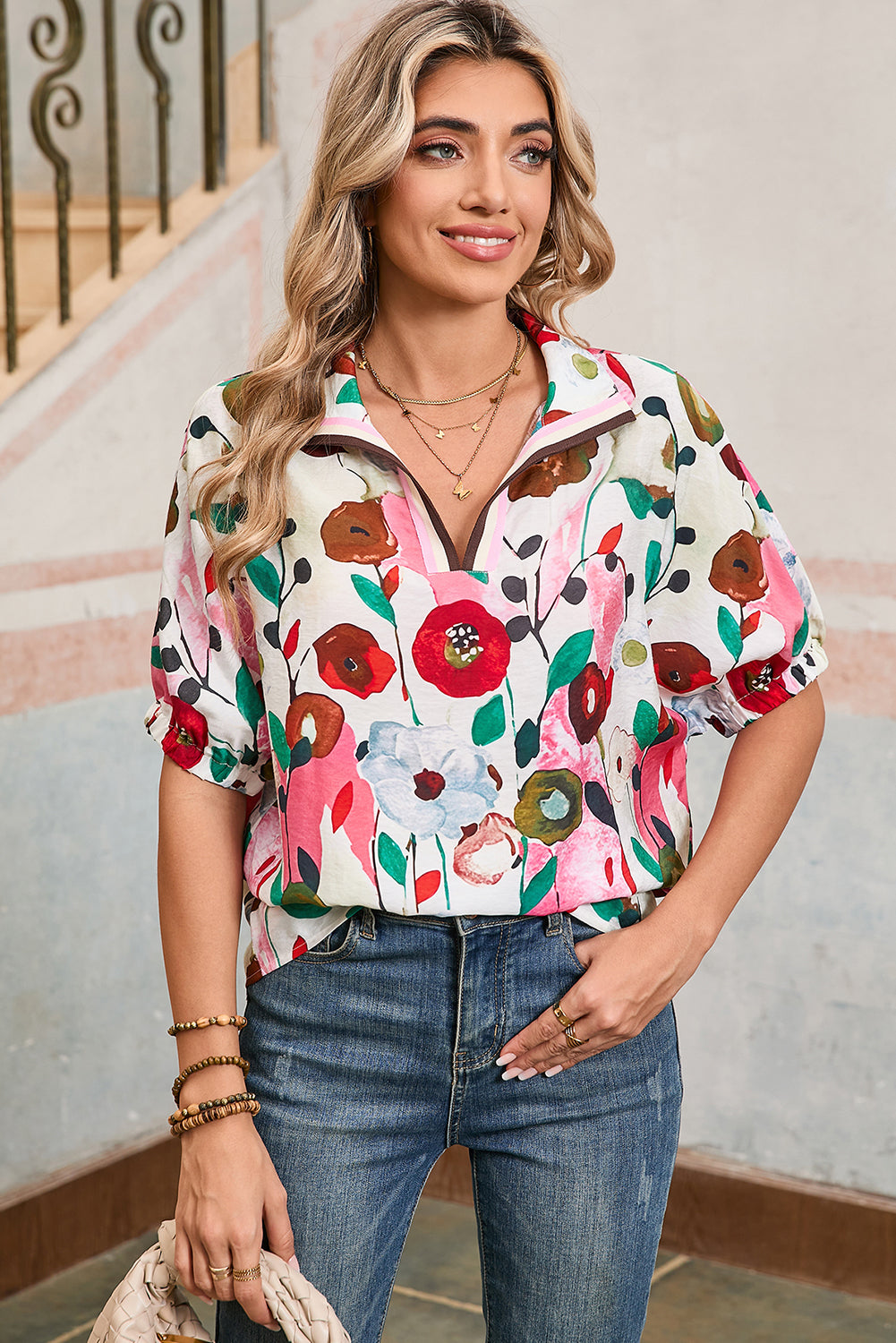 Courtney, V-Neck Floral Print Boho Blouse