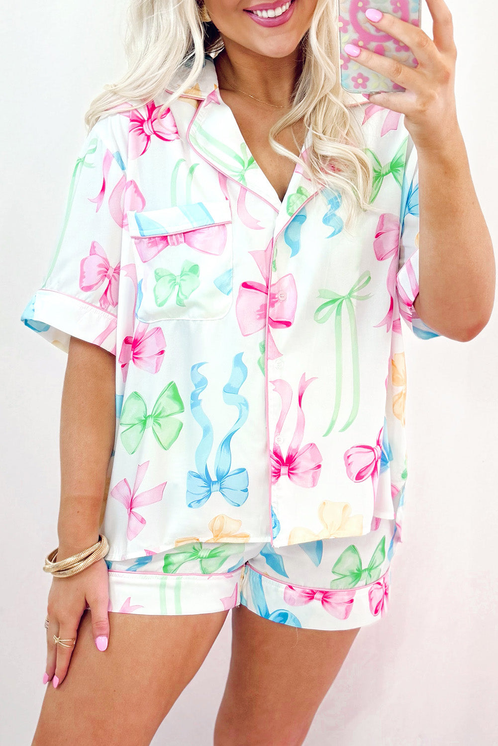 Jane, White Bowknot Print Buttoned Shirt and Shorts Pajama Set