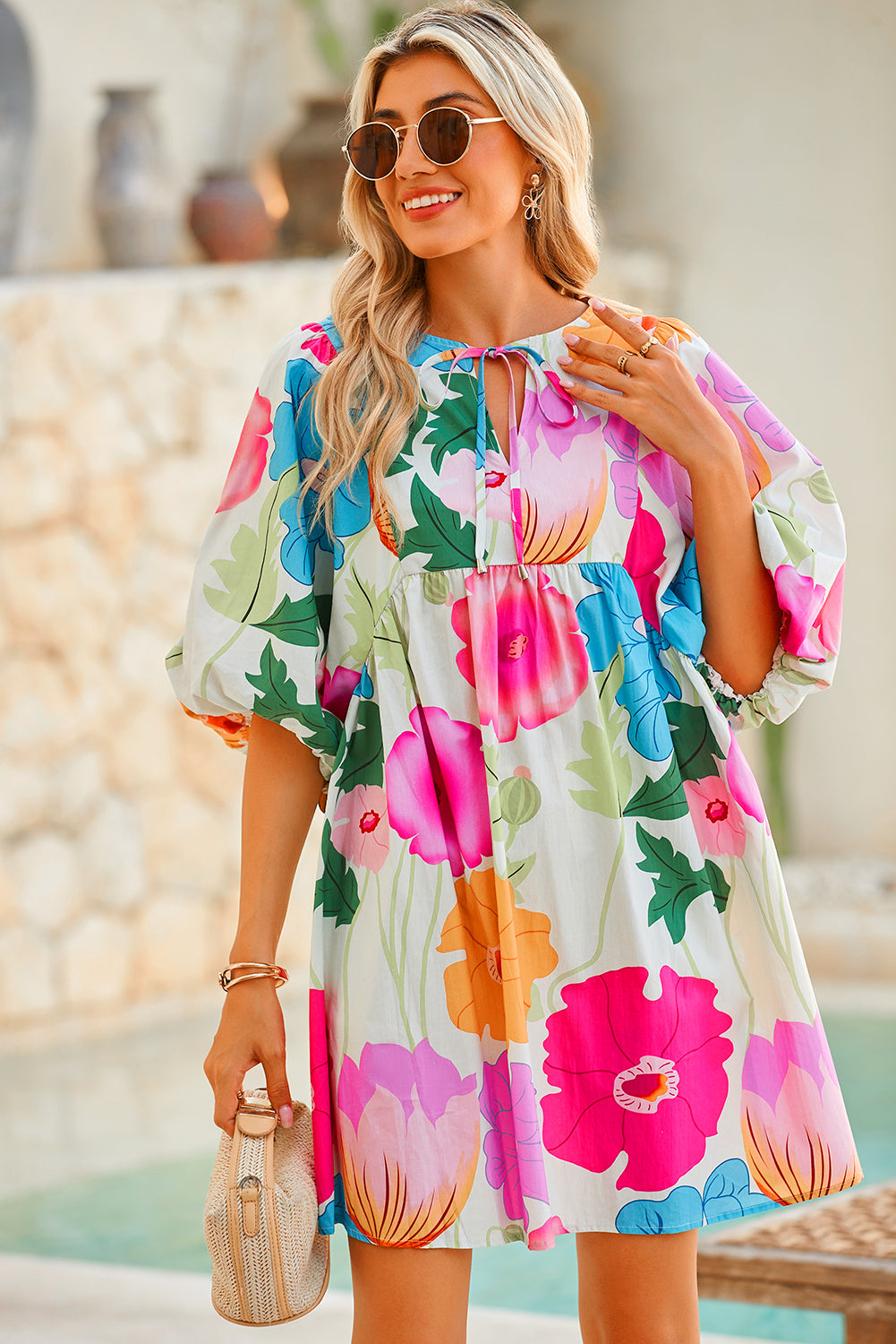 Londyn, Puff Sleeve Tied Split Neck Colorful Floral Flowy Dress