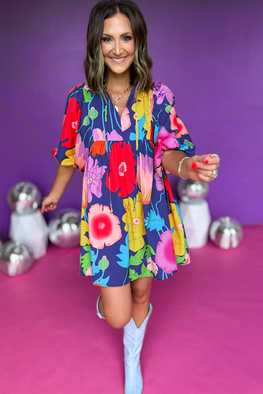 Londyn, Puff Sleeve Tied Split Neck Colorful Floral Flowy Dress