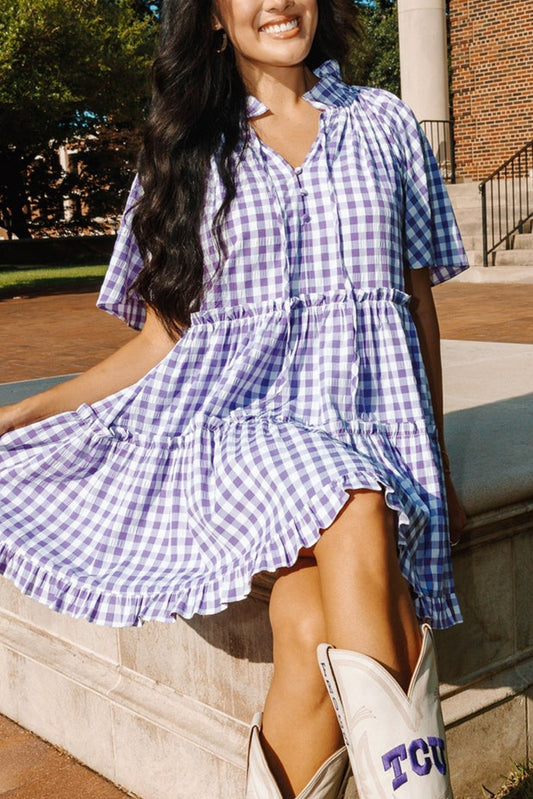 Noelle, Lavender Plaid Frill Tiered Mini Dress