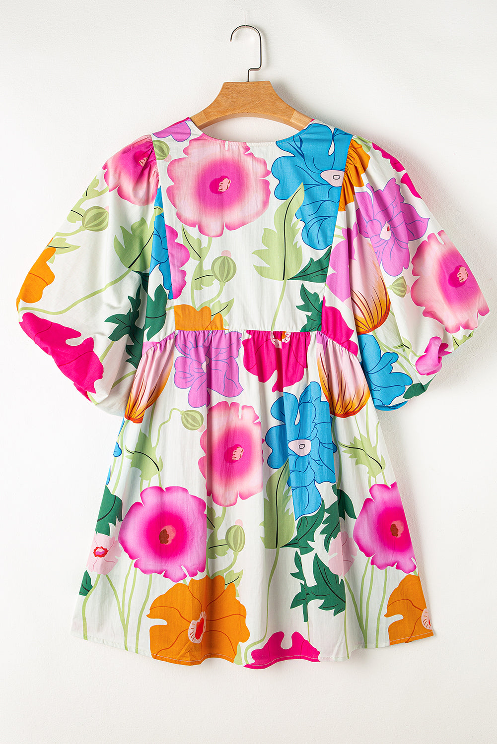 Londyn, Puff Sleeve Tied Split Neck Colorful Floral Flowy Dress