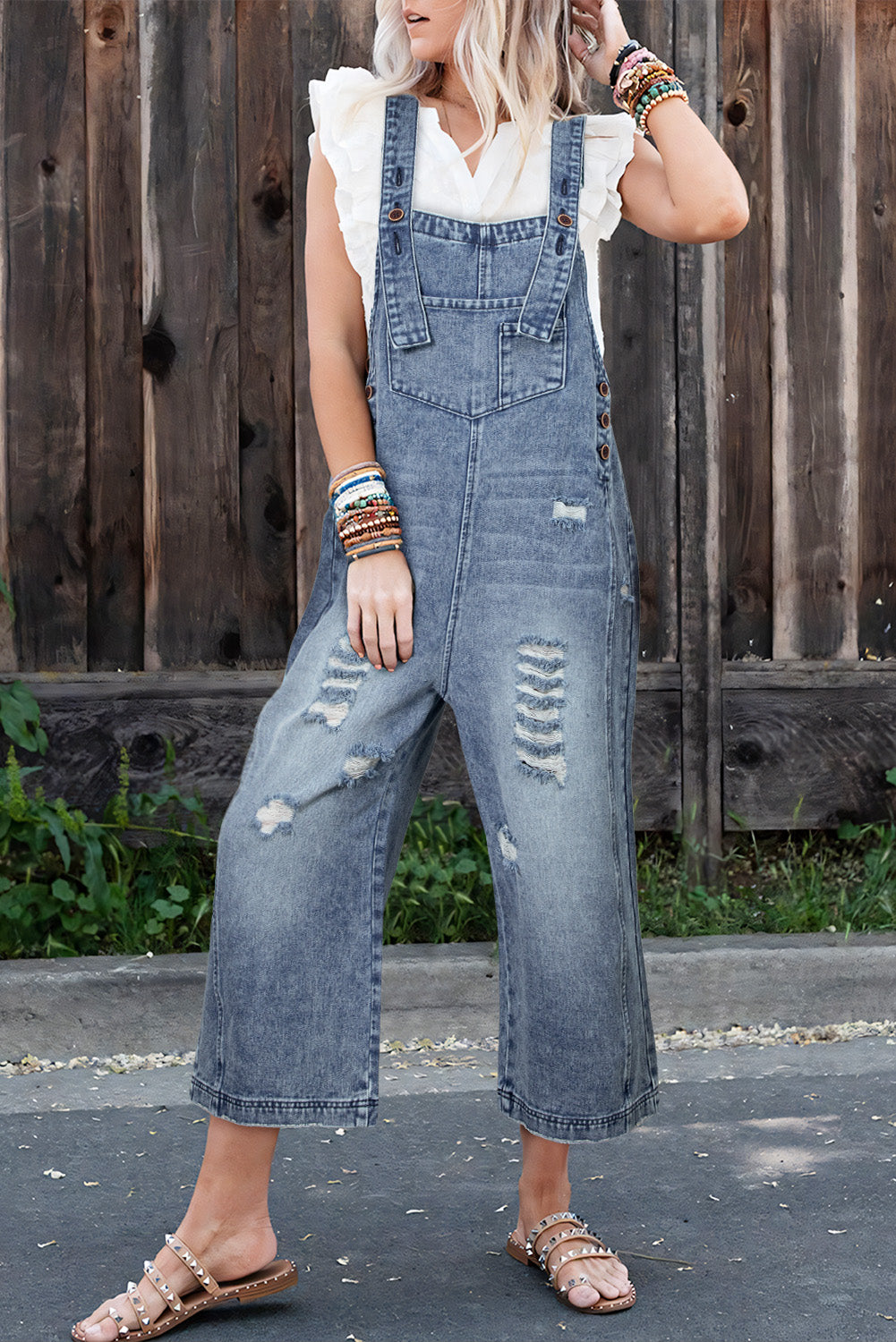 Blakely, Stone Blue Distressed Bib Pocket Wide Leg Denim Overall