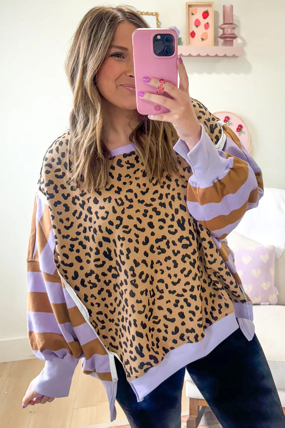 Striped Leopard Colorblock Side Slits Sweatshirt