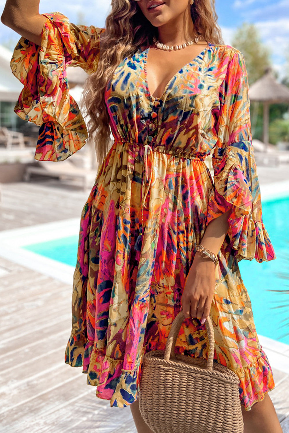 Charlie, Tropical Print Flared Sleeve Ruffle Hem High Waist Flowy Dress