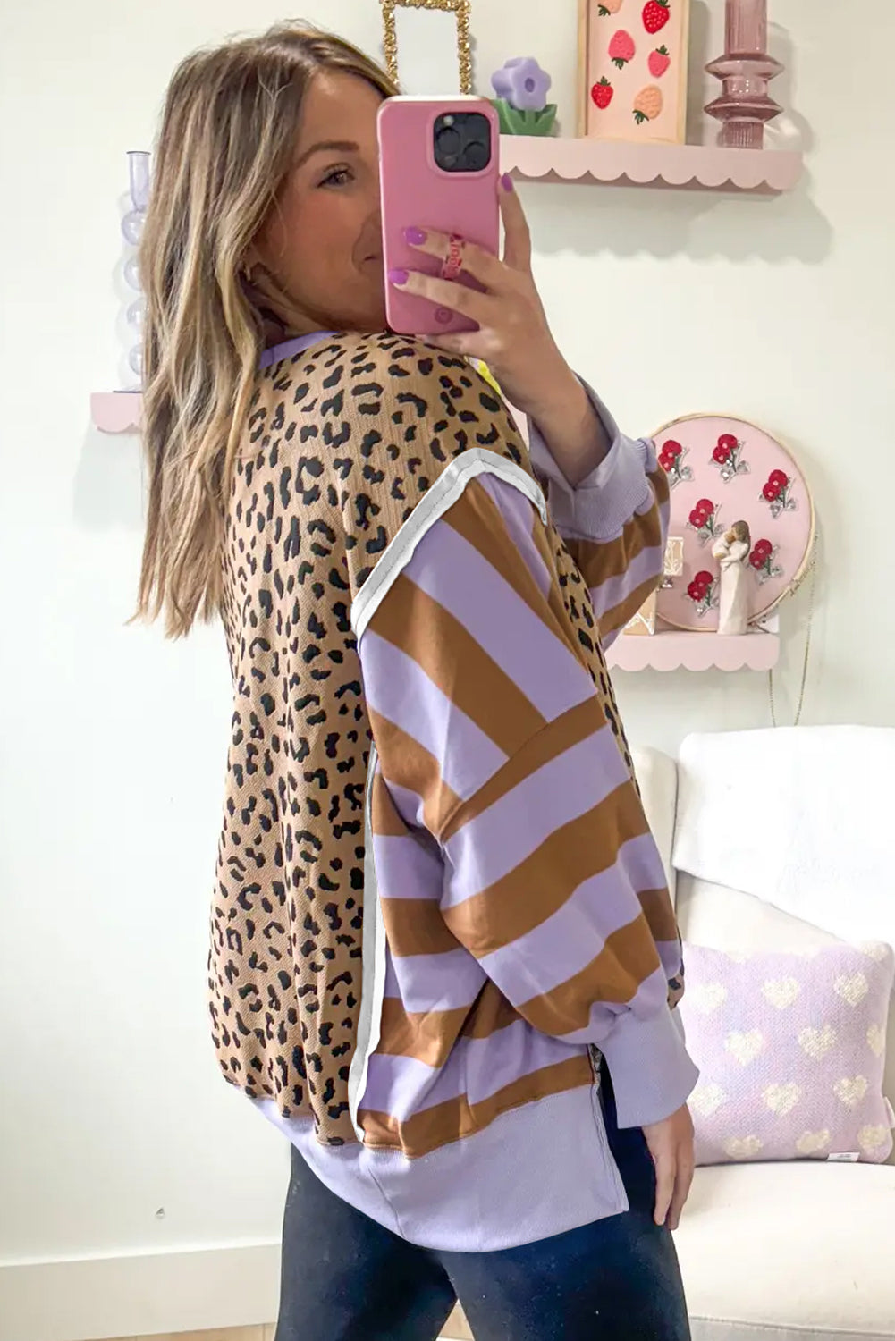 Striped Leopard Colorblock Side Slits Sweatshirt