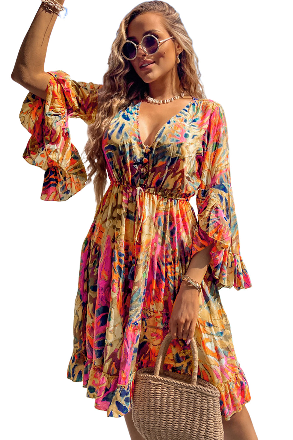 Charlie, Tropical Print Flared Sleeve Ruffle Hem High Waist Flowy Dress