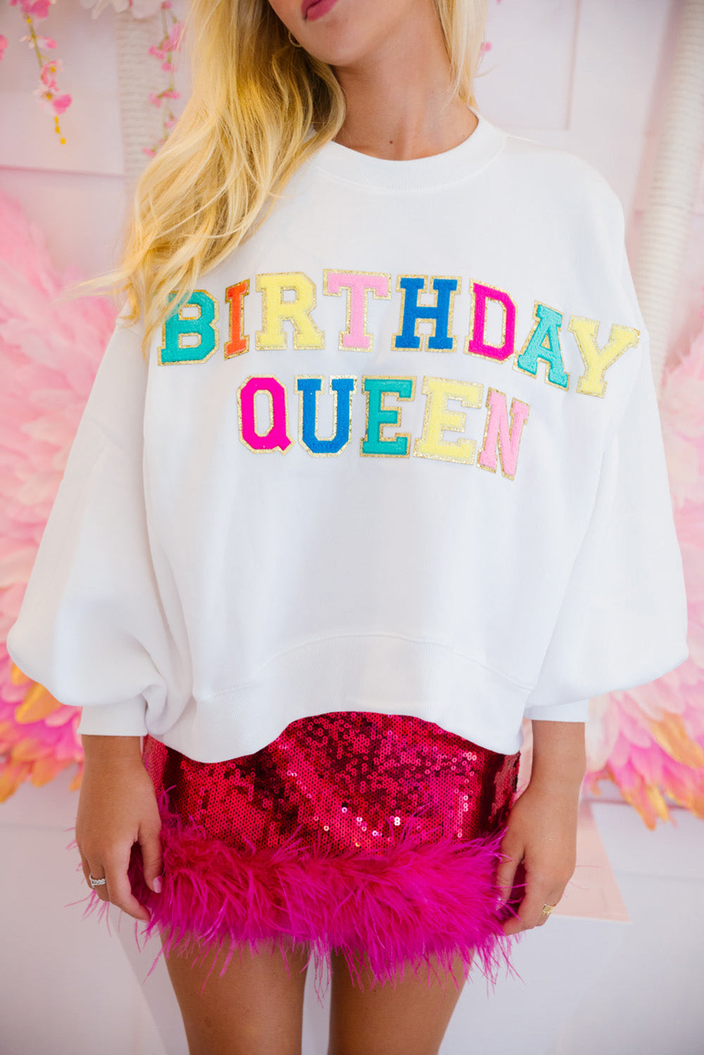 BIRTHDAY QUEEN Graphic Lantern Sleeve Sweatshirt