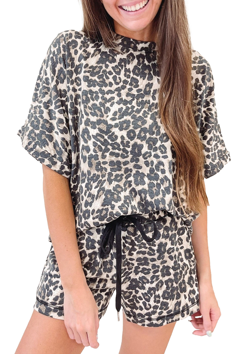 Leopard Print Tee and Shorts Pajama Set