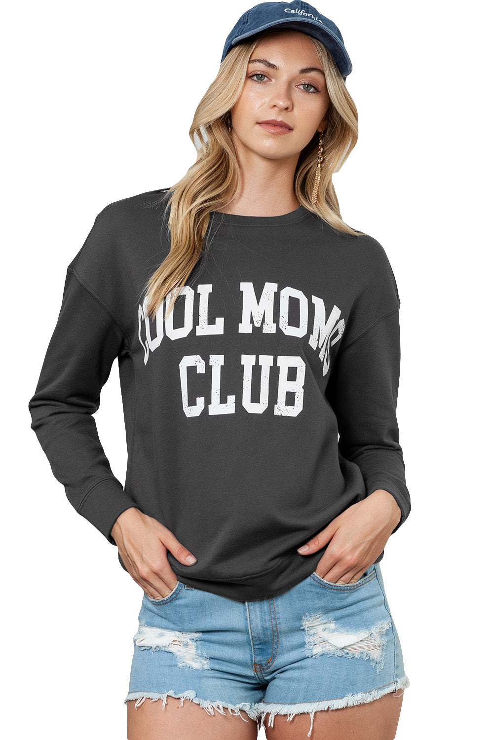 COOL MOMS CLUB Print Drop Shoulder Light Wash Sweatshirt