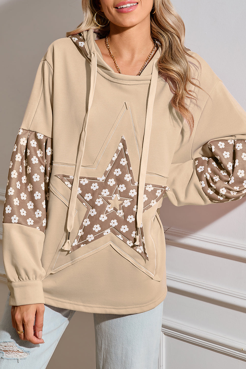 Alison, Floral Patchwork Star Pattern Drawstring Hoodie