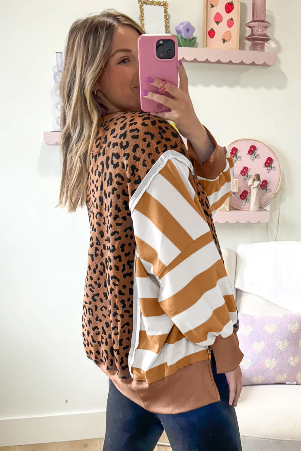 Striped Leopard Colorblock Side Slits Sweatshirt