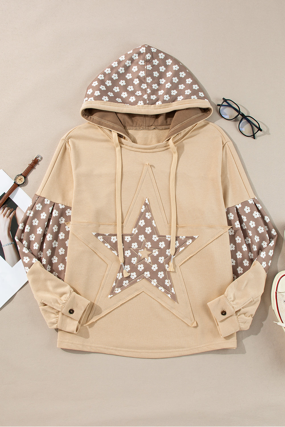 Alison, Floral Patchwork Star Pattern Drawstring Hoodie