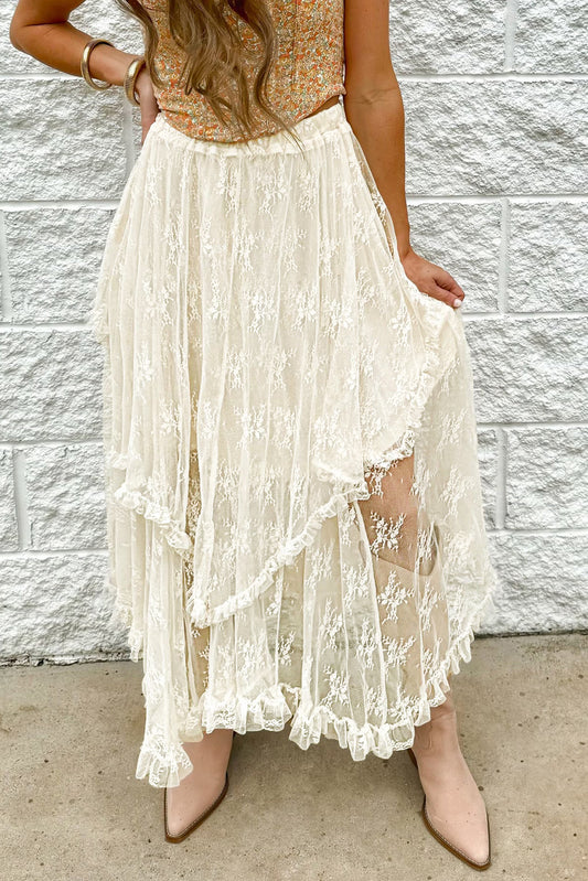 Stella, Beige Lace Cascading Tiered High Waist Maxi Skirt