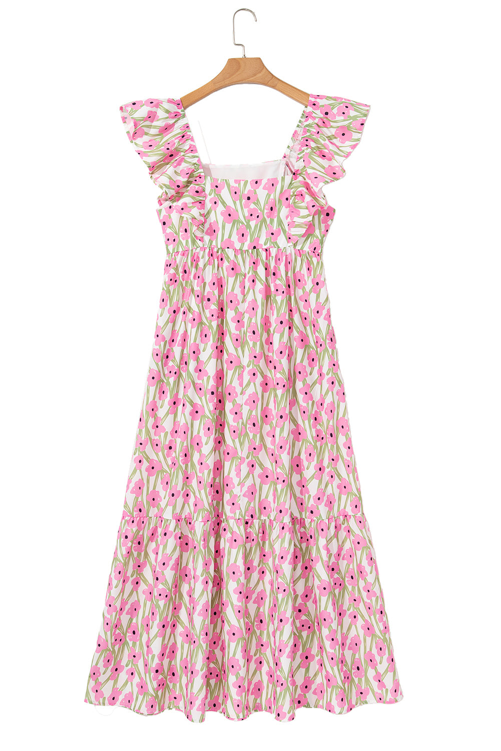 Piper, Pink Floral Print Square Neck Ruffled Strap Maxi Dress