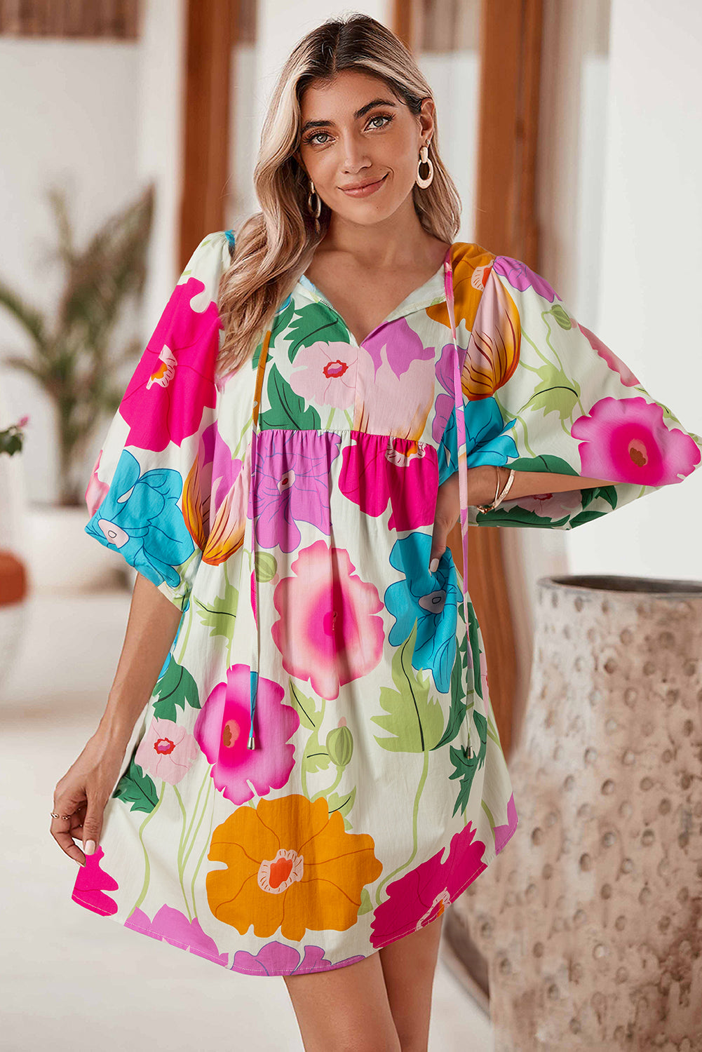 Londyn, Puff Sleeve Tied Split Neck Colorful Floral Flowy Dress