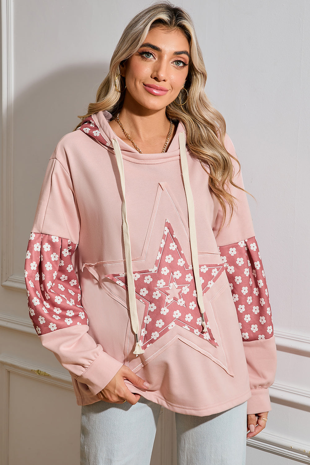 Alison, Floral Patchwork Star Pattern Drawstring Hoodie