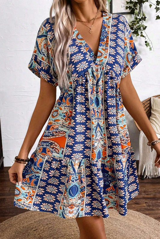 Laurel, Flower Print V-Neck High Waisted Dress