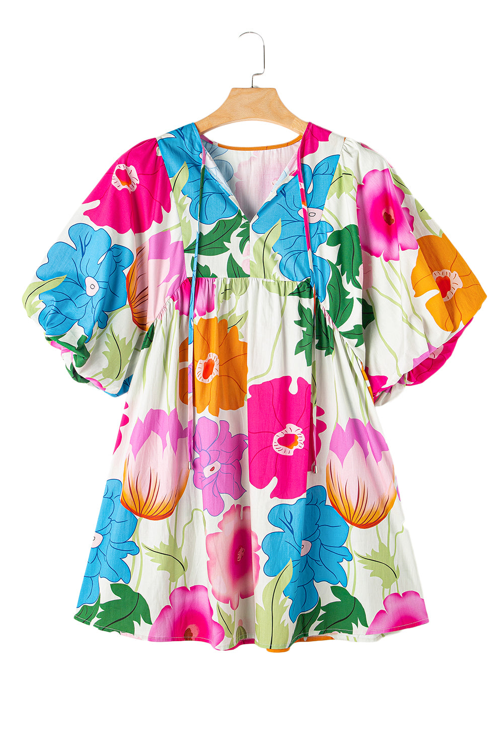 Londyn, Puff Sleeve Tied Split Neck Colorful Floral Flowy Dress