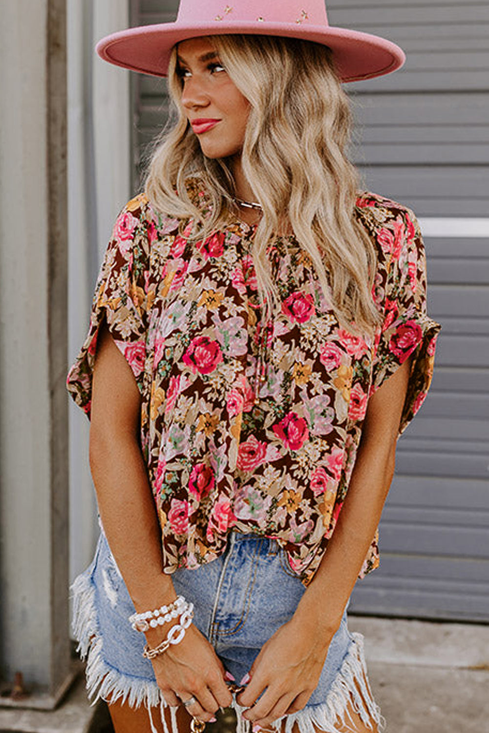 Kylie, Print Short Sleeve Boho Blouse