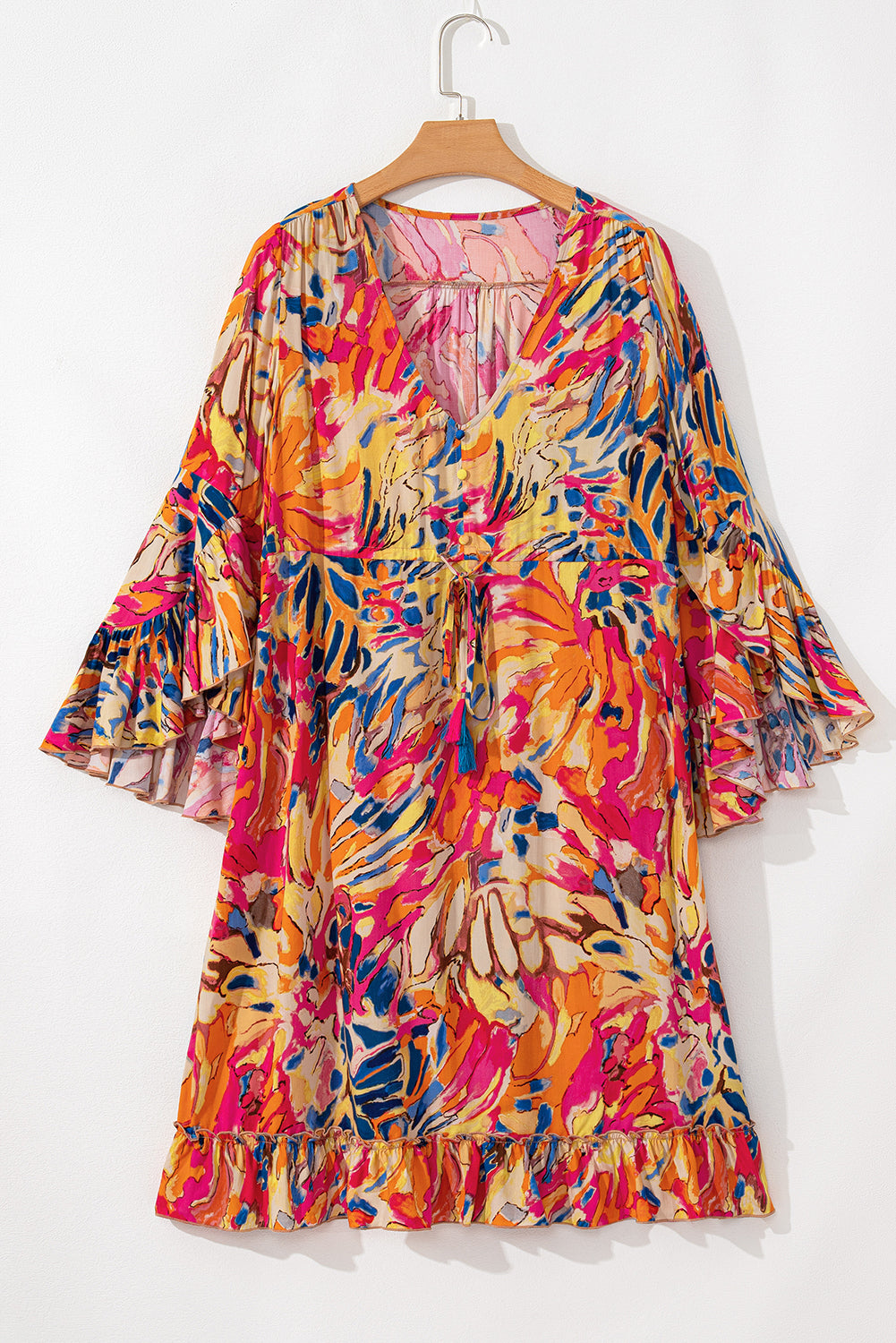 Charlie, Tropical Print Flared Sleeve Ruffle Hem High Waist Flowy Dress