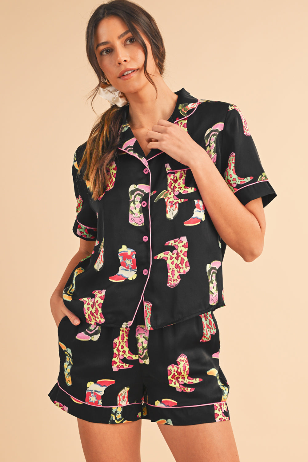 Boots Print Button-up Shirt and Shorts Pajama Set