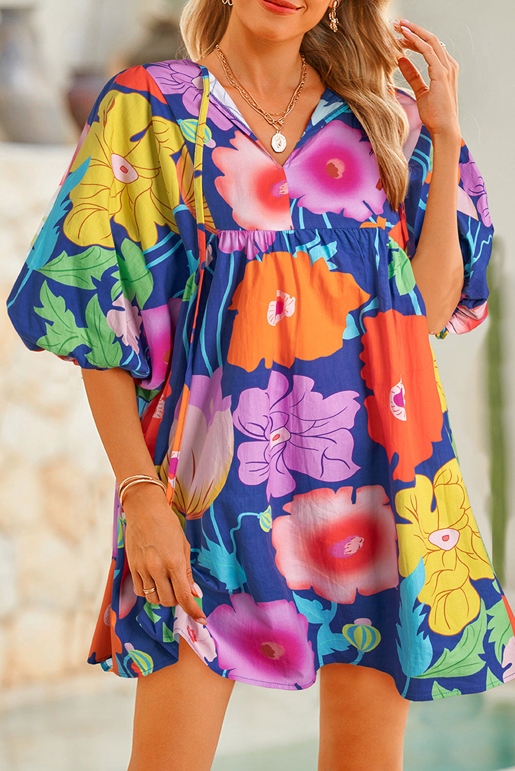 Londyn, Puff Sleeve Tied Split Neck Colorful Floral Flowy Dress