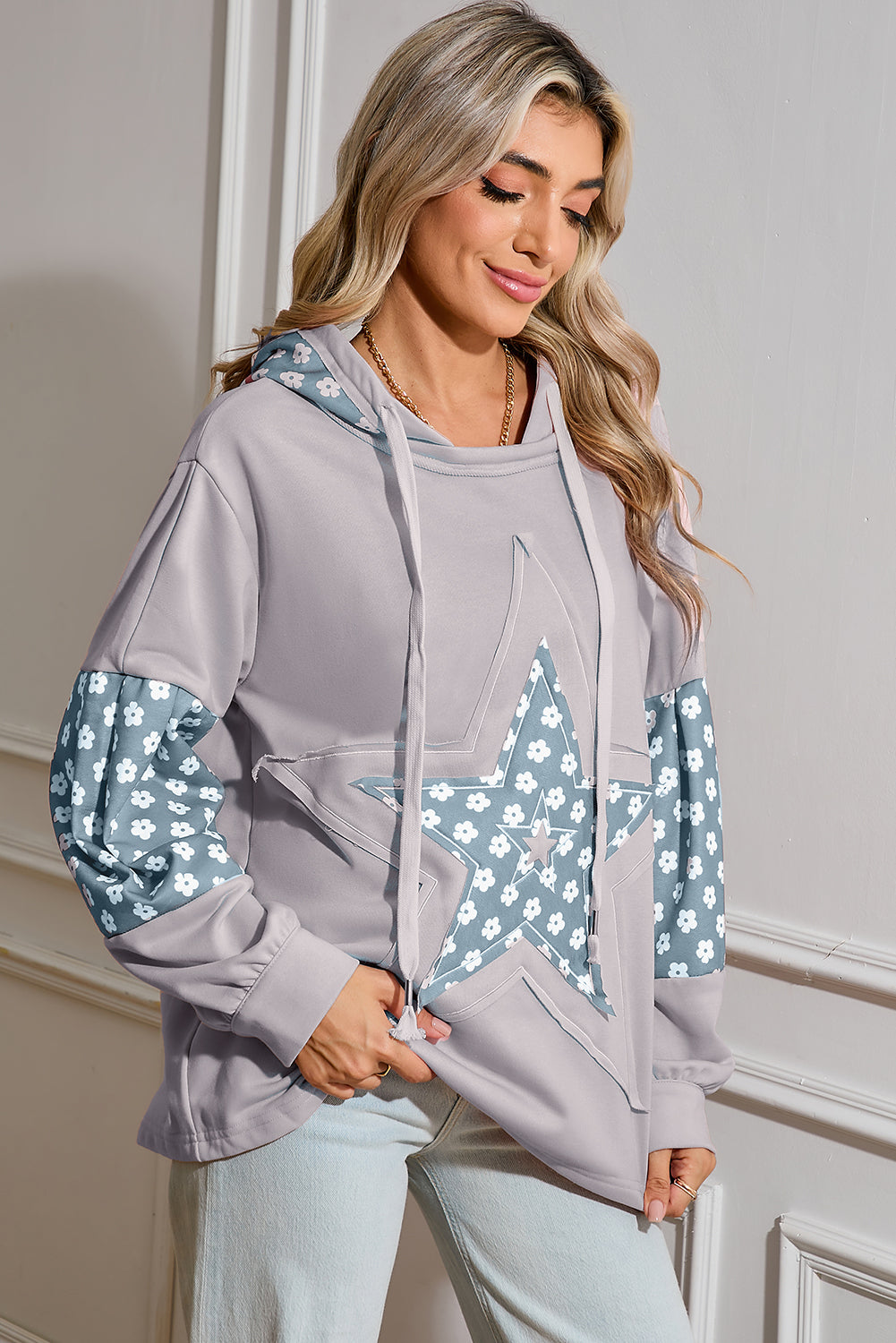 Alison, Floral Patchwork Star Pattern Drawstring Hoodie