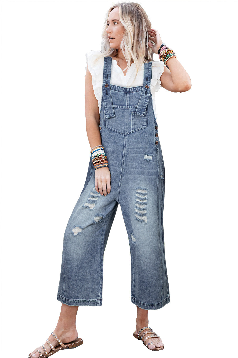 Blakely, Stone Blue Distressed Bib Pocket Wide Leg Denim Overall