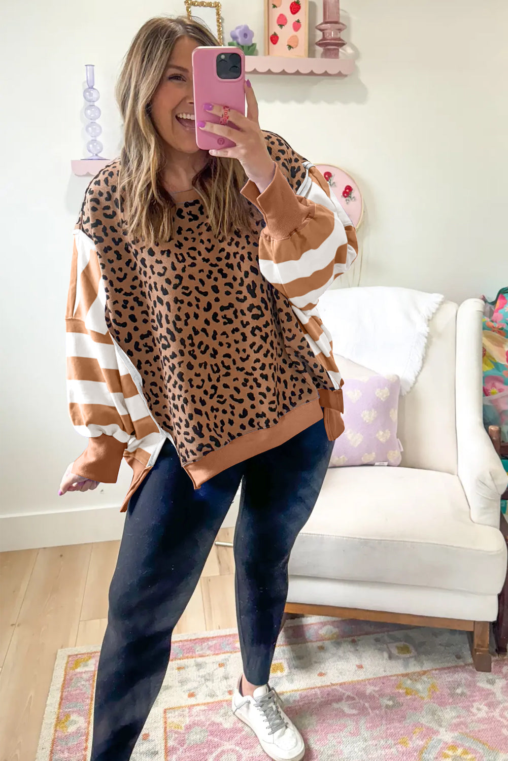 Striped Leopard Colorblock Side Slits Sweatshirt