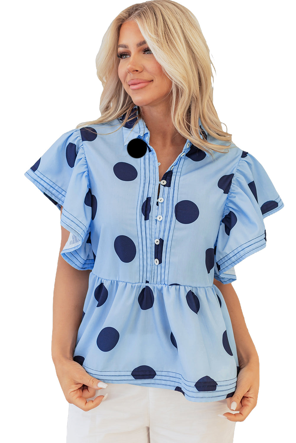 Taylor, Sky Blue Polka Dot Print Ruffled Short Sleeve Buttoned Collared Blouse