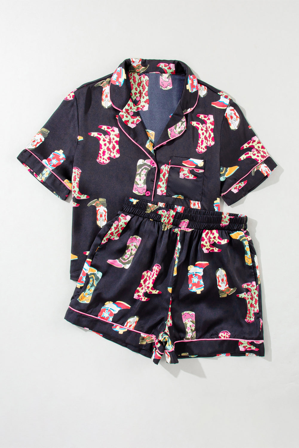 Boots Print Button-up Shirt and Shorts Pajama Set