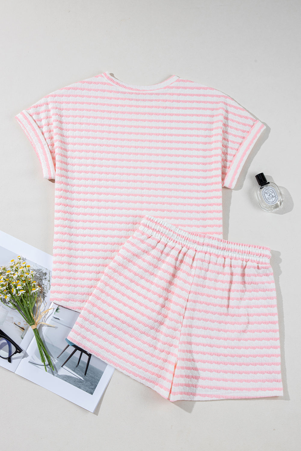 Madison, Pink Striped Print Short Sleeve Top and Pocket Shorts Set