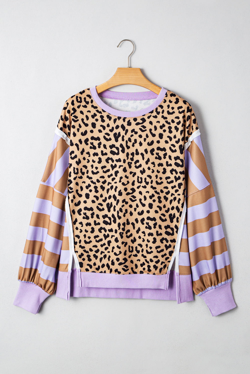 Striped Leopard Colorblock Side Slits Sweatshirt