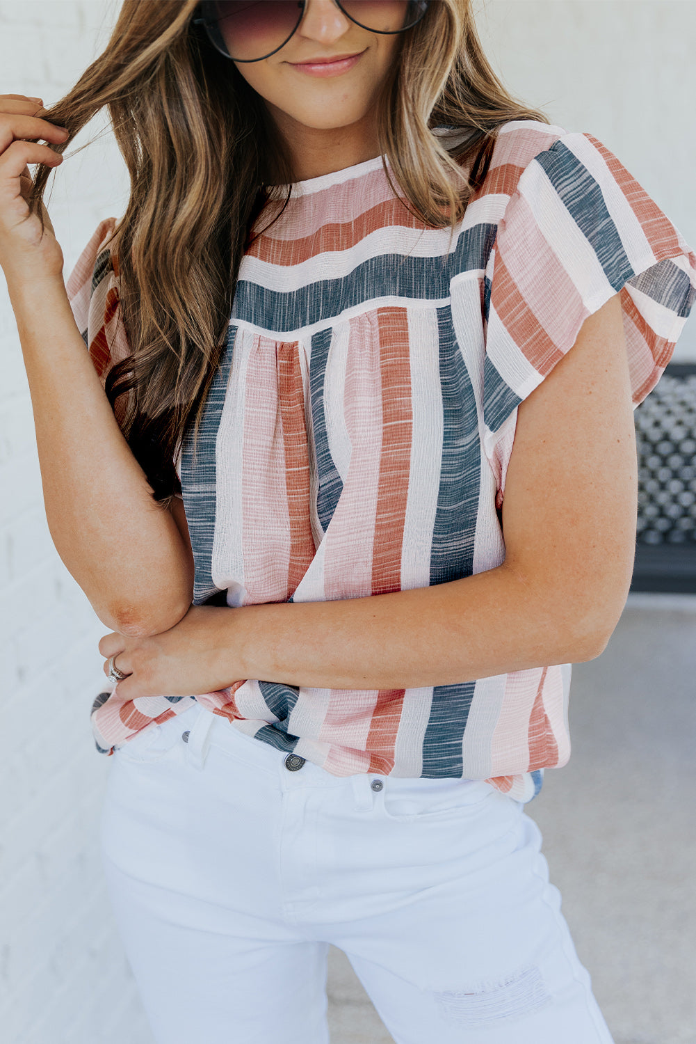 Erika, Pink and Blue Stripes Shirt Flutter Sleeve V Neck Blouse