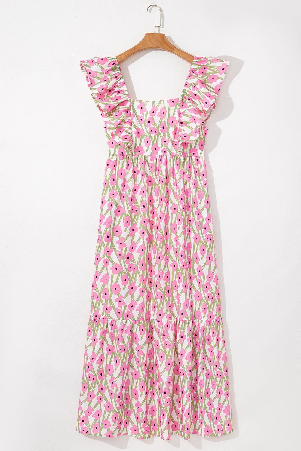 Piper, Pink Floral Print Square Neck Ruffled Strap Maxi Dress