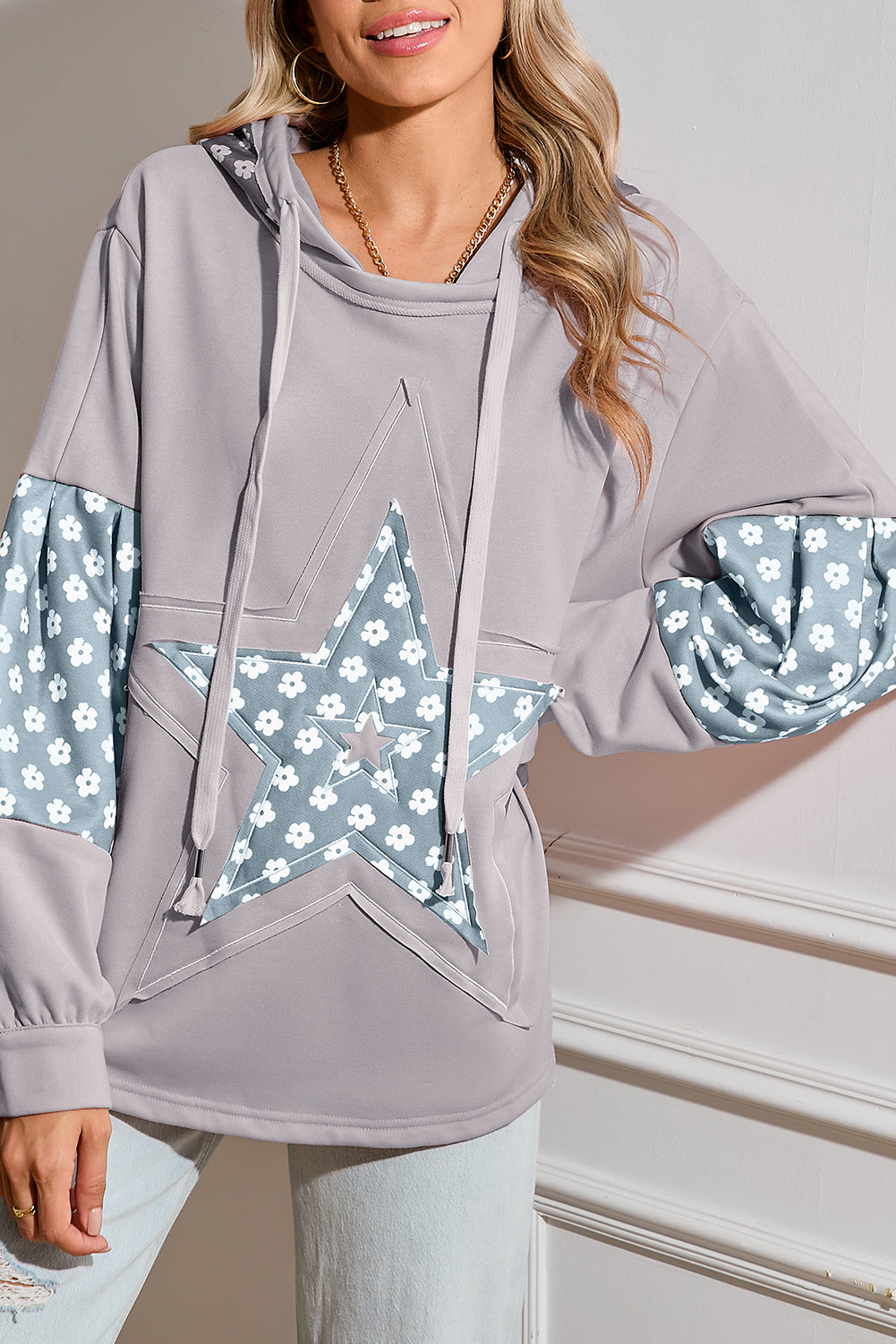 Alison, Floral Patchwork Star Pattern Drawstring Hoodie