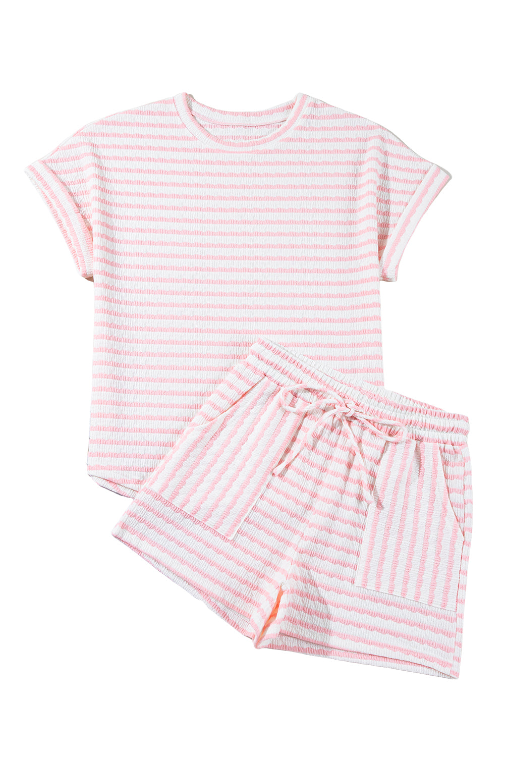 Madison, Pink Striped Print Short Sleeve Top and Pocket Shorts Set